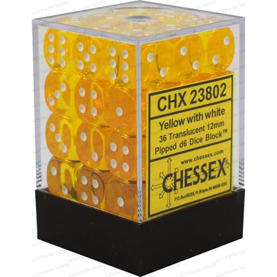 Translucent Yellow/White 36D6 12mm Dice Set