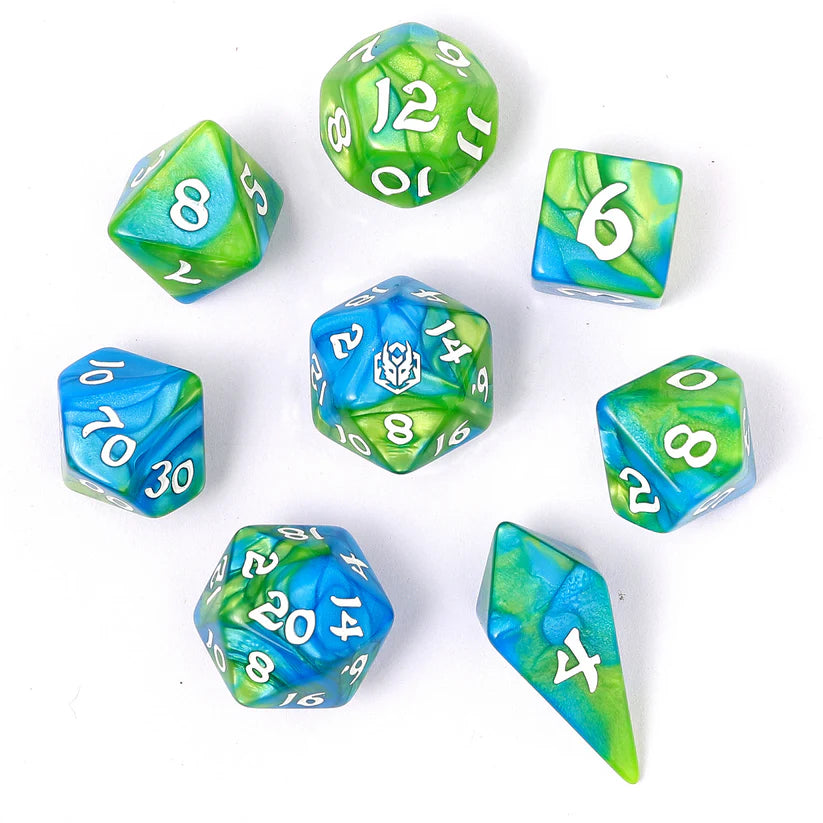 Wyrmforged Rollers Rounded Edge 8pc Polyhedral Dice Set Verdant Stream