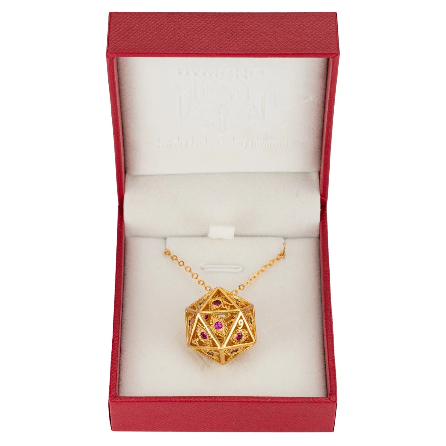 Dragon's Eye D20 Necklace Gold w/Ruby Gems