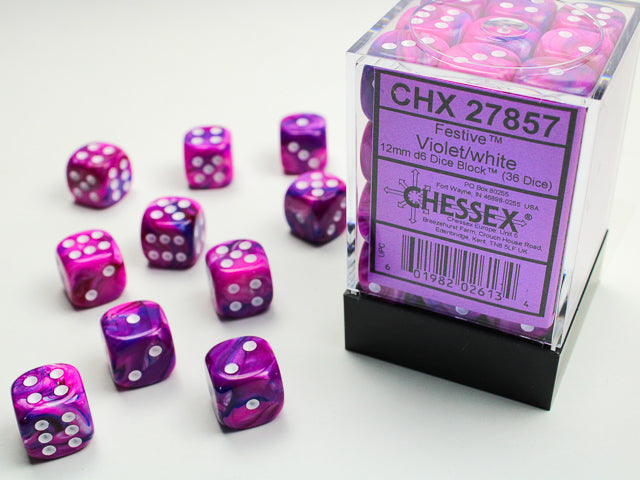 Festive Violet/White 12mm d6 Dice Block (36 Dice)