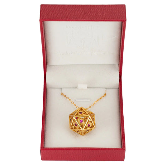 Dragon's Eye D20 Necklace Gold w/Ruby Gems