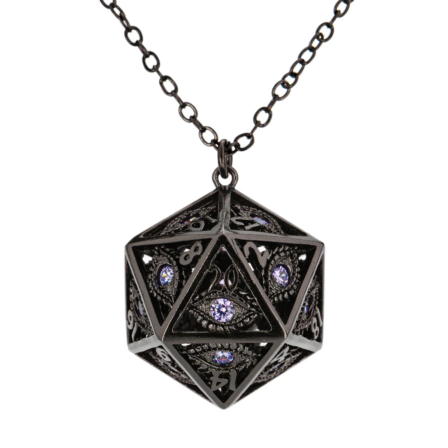 Dragon's eye D20 necklace-Gunmetal w/Purple Gems