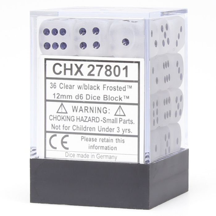 Frosted Clear/Black 12mm d6 Dice Block (36 Dice)